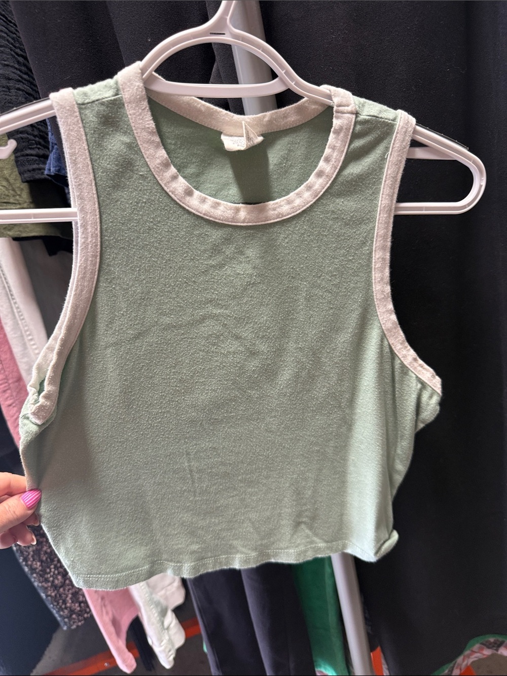 Cropped Sage Green Tank Top with Cream Trim